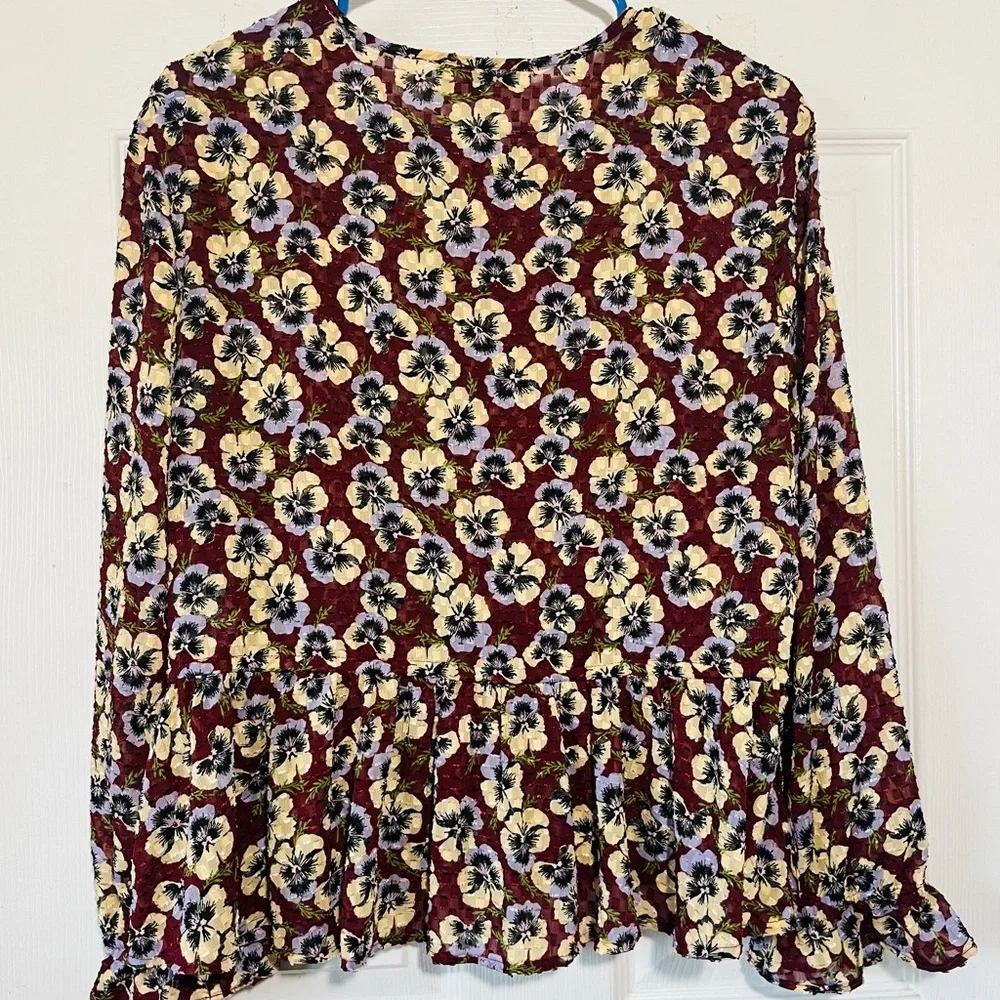 Madewell Semi Sheer Ruffle Hem Top in viola Peplum Long Sleeve Blouse Sz L - Picture 4 of 14